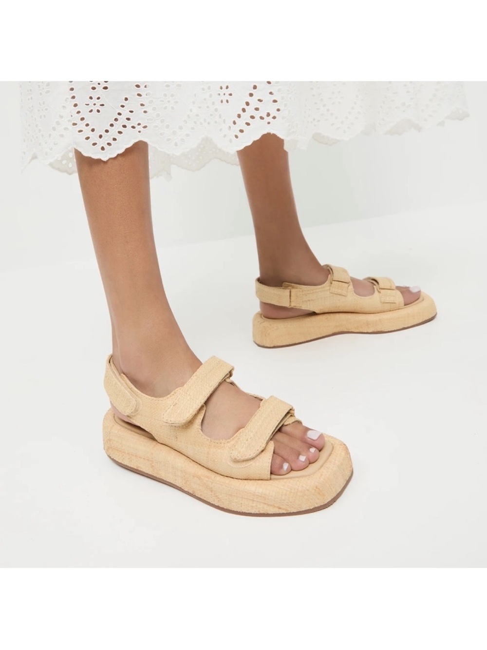 Loeffler Randall Natural Beige Raffia Woven Velcro Sandals, size 8.5